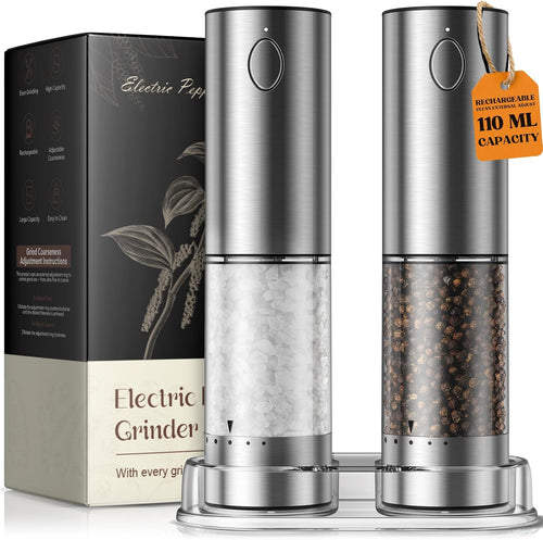 Electric Salt and Pepper Grinder Set, Rechargeable Automatic Salt and Pepper Shaker with 6 Adjustable Coarseness, Large-Capacity Pepper Mill Kitchen Appliances (Rechargeable-Stainless Steel)